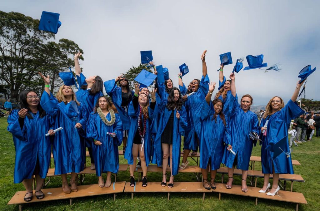 Happy Graduates tossing their caps in the air.