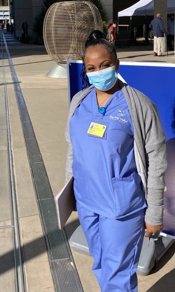 BAMA grad, DeAnndra (DeeDee) Domino volunteering earlier this year at Zuckerberg San Francisco General Hospital and Trauma Center